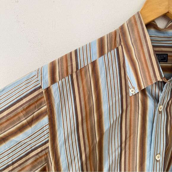 Ted Baker Brown Blue Stripe Short Sleeve 100% Cotton Dress Shirt - Picture 6 of 8